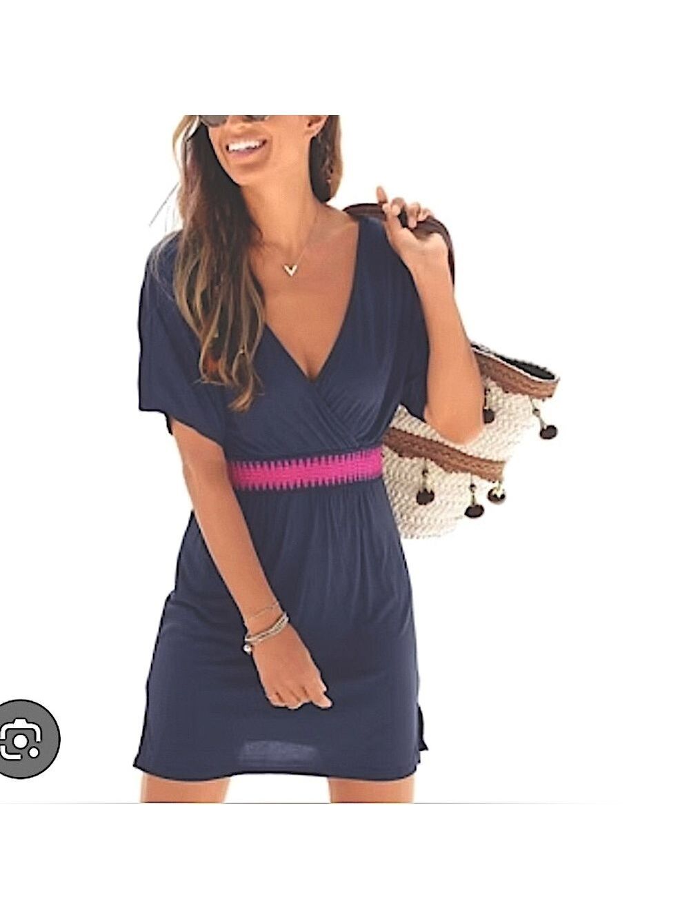 68. NWT Lascana Navy Cross front Dress with Pink Waist Detail. Medium D30